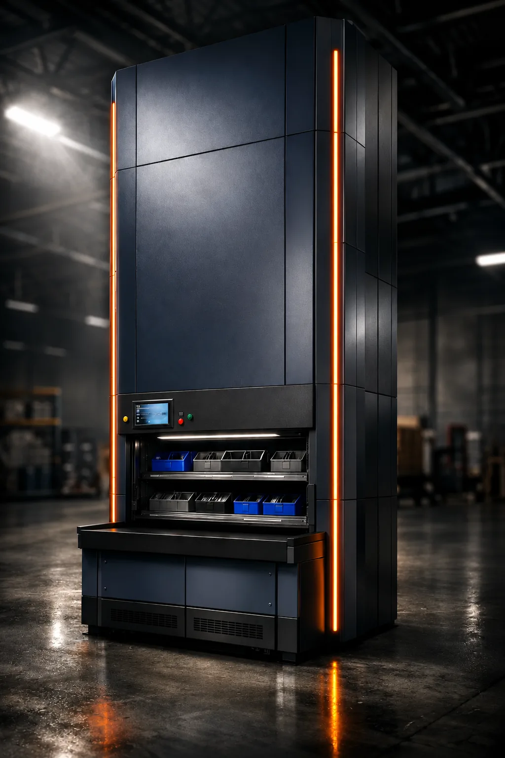 Loop-On VSC Series 1 vertical storage carousel in a warehouse, with the operator window open and storage bins visible